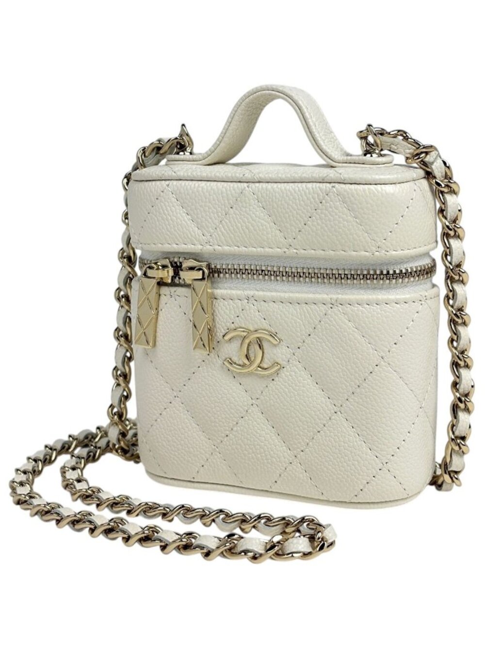 Chanel CC Logo Small Bunny Shoulder Bag Quilted Caviar Leather White